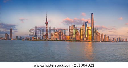 China Shanghai Pudong district Skyline during sunset