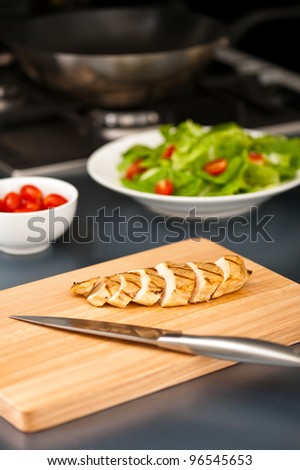 Sliced chicken breast as salad ingredient nice still life