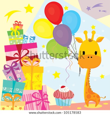Birthday Cakes Online on Cute Giraffe In A Birthday Party Celebrating With Gifts  Balloon  Cake