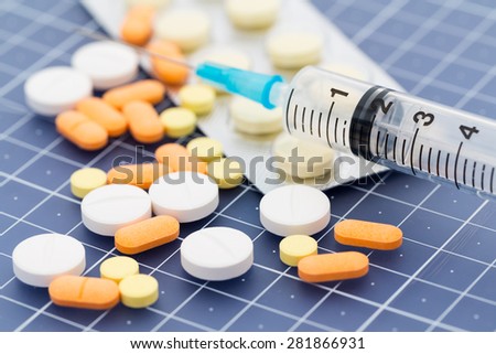Syringe and medication pill drug