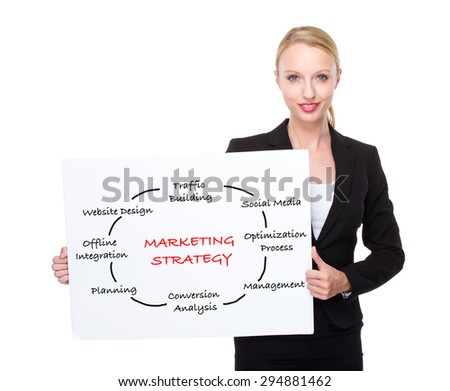 Caucasian businesswoman hold white board with marketing Strategy concept