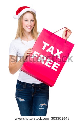 Woman with red shopping bag and showing tax free