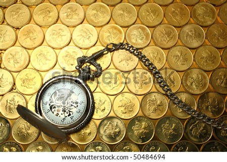 Pocket watch on money background, Hong Kong $0.5 coins
