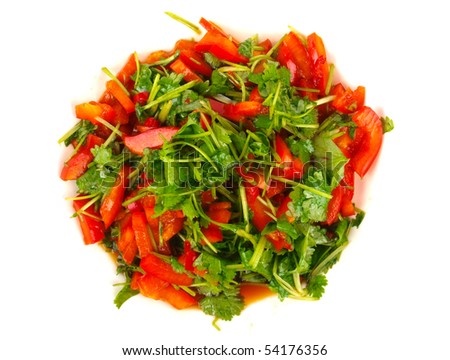 Fresh Coriander and sweet pepper salad. Close up