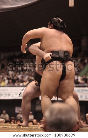TOKYO - APRIL 7: Unidentified sumo wrestlers in a tournament on April 7, 2012 in Tokyo, Japan. Even though Sumo is Japan's national sport, most professional wrestlers are foreigners