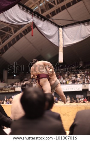 TOKYO - APRIL 7: Unidentified sumo wrestlers during a tournament in Tokyo, Japan on April 7, 2012. Even though Sumo is Japan\'s national sport, most professional wrestlers are foreigners.