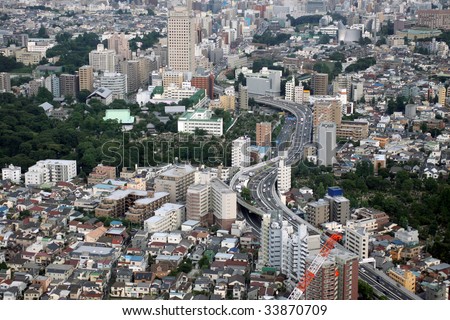 Aerial view of urban living area and highway in Tokyo, Japan