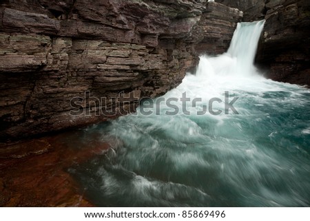 Waterfall from Low Angle with View of Flowing Water (St. Mary Falls, Glacier National Park)