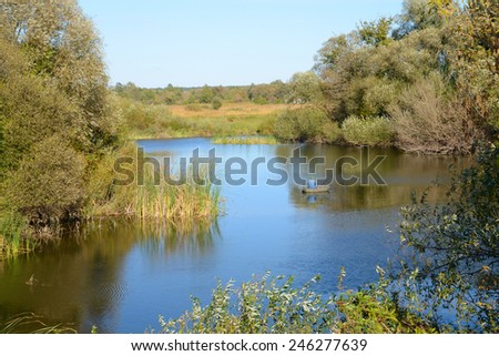 Sitting in an inflatable boat fisherman catches a fish in the river, the banks of reeds and trees