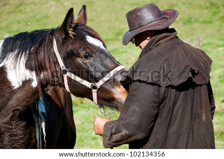 Horseman hand feeding horse while encouraging bonding