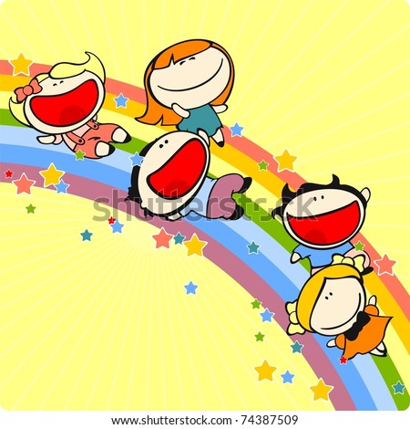 stock vector : Kids sliding on a rainbow