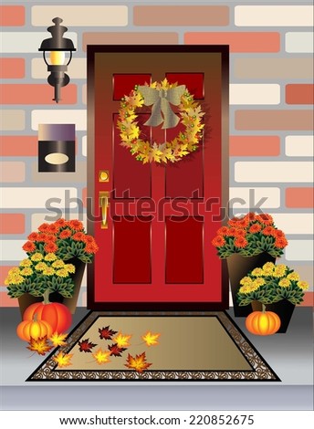 Autumn front door and porch  displaying fall decor of pumpkins, wreath, leaves, potted chrysanthemums and pumpkins
