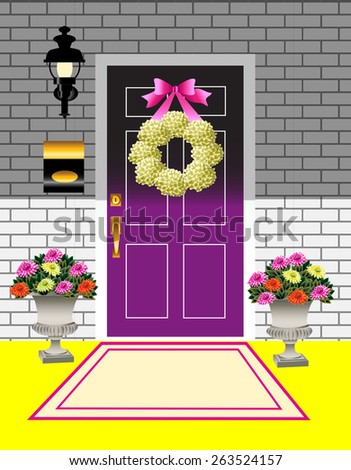 Spring front door and porch  displaying spring decor of a hydrangea wreath, bright colored bow and potted chrysanthemums