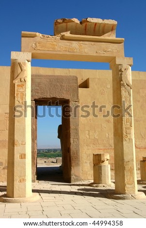 Ruins of Temple of Hatshepsut. View from the inside towards Nile valley. West bank. Luxor. Egypt.