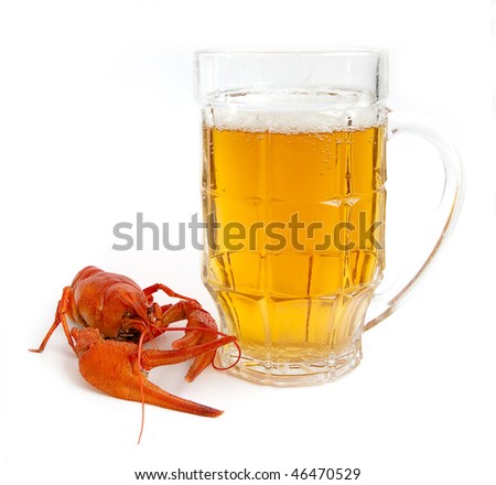 Boiled river cancers and beer on a white background
