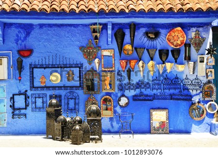 Gift shop in Chefchaouen, Marocco. Colorful moroccan handmade souvenirs
