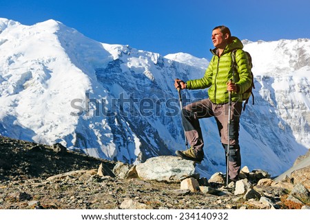 Man hiker trekking exploring in high Himalaya Mountains in Nepa