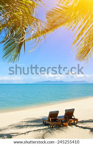 Chairs on the beautiful sandy beach near sea
