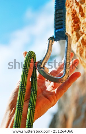 Extreme sport. Rope for climbing and quick-draws