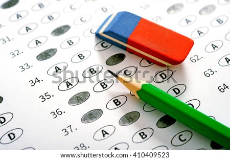 Exam test score sheet with answers. School and education concept