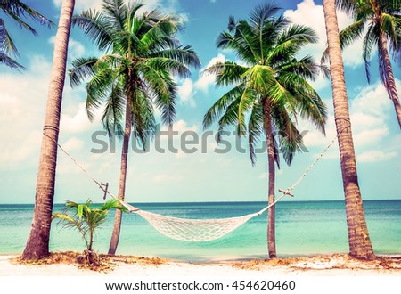 Beautiful beach.  Hammock between two palm trees on the beach. Holiday and vacation concept