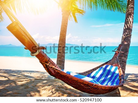 Beautiful Maldive beach and hammock. Empty hammock between palms at sandy beach. Summer holiday and vacation concept.