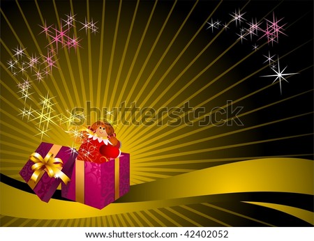 Christmas box on a colored background with an angel