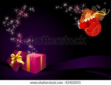 Christmas box on a colored background with a flying angel