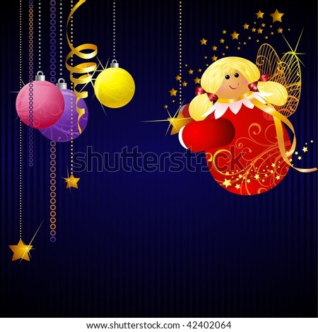Christmas background with toys and flying angel with a star in the hands