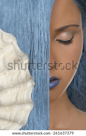 young woman with long straight blue hair, shells, closed eyes