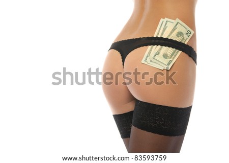 stock photo Sexy ass in black panties and money isolated on white