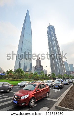 SHANGHAI - JUNE 5: Traffic jam in Shanghai\'s Central Business District on June 5, 2012 in Shanghai, China. Shanghai is expected to pass the four million vehicles on its roads by the end of the year.