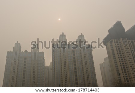 BEIJING - FEB 25: view of severely polluted air on February 25, 2014 in Beijing, China. Air quality index levels were classed as 