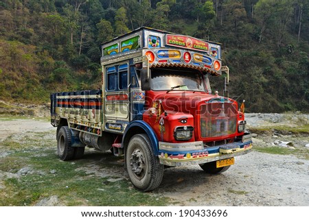 SIKKIM, INDIA - APRIL 2: Decorated Tata truck on April 2, 2014 in Sikkim, India. Tata company is the largest truck manufacturer in India and the fourth-largest truck manufacturer in the world.