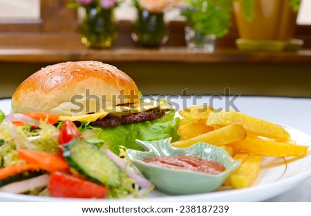 Western fast food (focus on burger, foreground and background blurred)