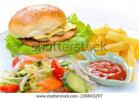 Western fast food (focus on burger, foreground and background blurred)