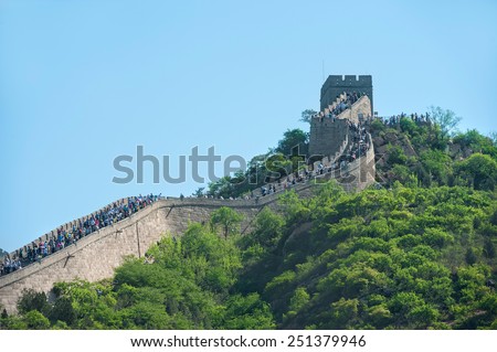 BEIJING - OCTOBER 1: crowds of people travel during National Day holiday on October 1, 2012 in Beijing, China . At this time tourist sites are overcrowded with people, like here on the Great Wall.