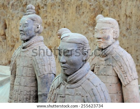 XIAN - APRIL 9: exhibition of the famous Chinese Terracotta Warriors on April 9, 2014 in XIan, China. The terracotta warriors are made in 210-??209 BCE to protect the emperor in his afterlife.