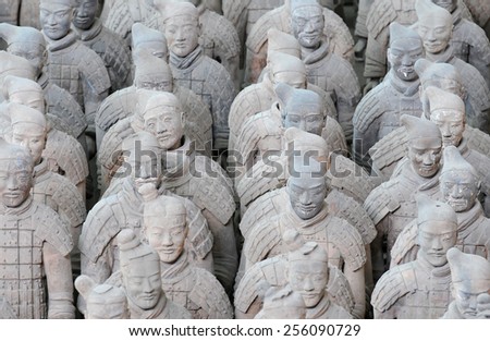 XIAN - APRIL 9: exhibition of the famous Chinese Terracotta Warriors on April 9, 2014 in XIan, China. The terracotta warriors are made in 210-209 BCE to protect the emperor in his afterlife.