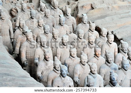 XIAN - APRIL 9: exhibition of the famous Chinese Terracotta Warriors on April 9, 2014 in Xian, China. The terracotta warriors are made in 210-209 BCE to protect the emperor in his afterlife.