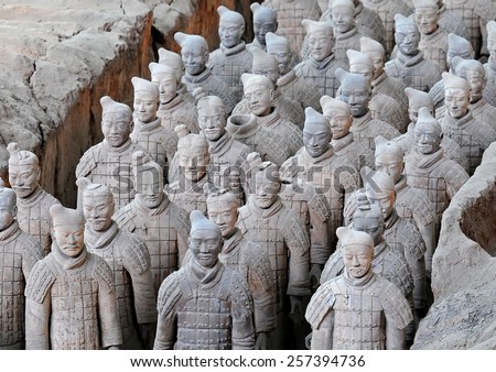 XIAN - APRIL 9: exhibition of the famous Chinese Terracotta Warriors on April 9, 2014 in Xian, China. The terracotta warriors are made in 210-209 BCE to protect the emperor in his afterlife.