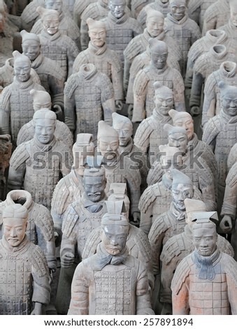 XIAN - APRIL 9: exhibition of the famous Chinese Terracotta Warriors on April 9, 2014 in XIan, China. The terracotta warriors are made in 210-209 BCE to protect the emperor in his afterlife.