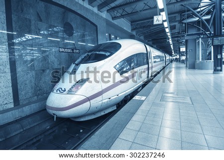 BRUSSELS - JULY 19: German ICE-train at Brussels train station on July 19, 2015 in Brussels, Belgium. ICE is Germany's flagship high speed train with possible maximum speed of over 400 km per hour.