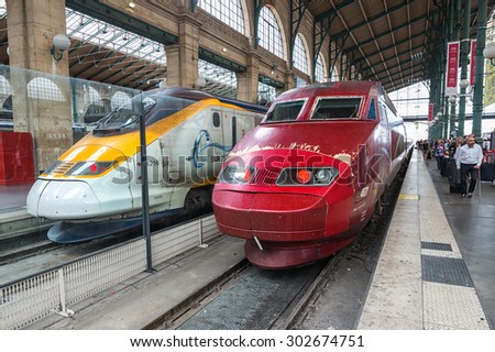 PARIS - JULY 19: French THALYS-train at Paris North Railway Station on July 19, 2015 in Paris, France. THALYS is France\'s flagship high speed train with possible maximum speed of over 400 km per hour.