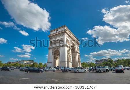 PARIS - JULY 22: view of the Arc de Triomphe on sunny day on July 22, 2015 in Paris, France. The Arc de Triomphe is one of the main attractions of Paris with more than 15 million visitors a year.