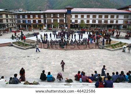 THIMPHU - APRIL 11: Bhutanese schoolboys and girls gather at capital square for the yearly dance competition on April 11, 2008 in Thimphu, Bhutan