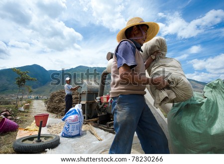 DALI, CHINA - MAY 25: Unidentified Chinese farmers work hard on the field on May 25, 2011 in Dali, China. For many farmers the annual income is as low as $800.