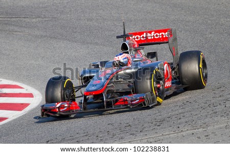 BARCELONA - FEBRUARY 24: Jenson Button of McLaren F1 team racing at Formula One Teams Test Days at Catalunya circuit on February 24, 2012 in Barcelona, Spain.