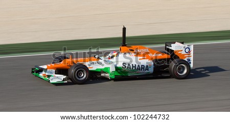 BARCELONA - FEBRUARY 24: Paul Di Resta of Force India F1 team racing at Formula One Teams Test Days at Catalunya circuit on February 24, 2012 in Barcelona, Spain.