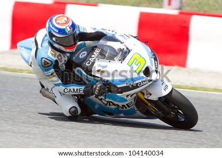 BARCELONA - JUNE 1: Simone Corsi of Came Ioda Project team racing at Free Practice Session of Moto2 Grand Prix of Catalunya, on June 1, 2012 in Barcelona, Spain.